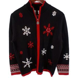 Breckenridge Cardigan Holiday Sweater Black Red M Winter Christmas  Snowflake